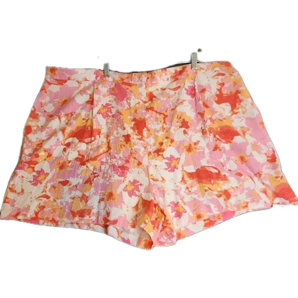 ASOS DESIGN CURVE Floral Print Size 22 Linen Blend Shorts Pockets Pink White NWT